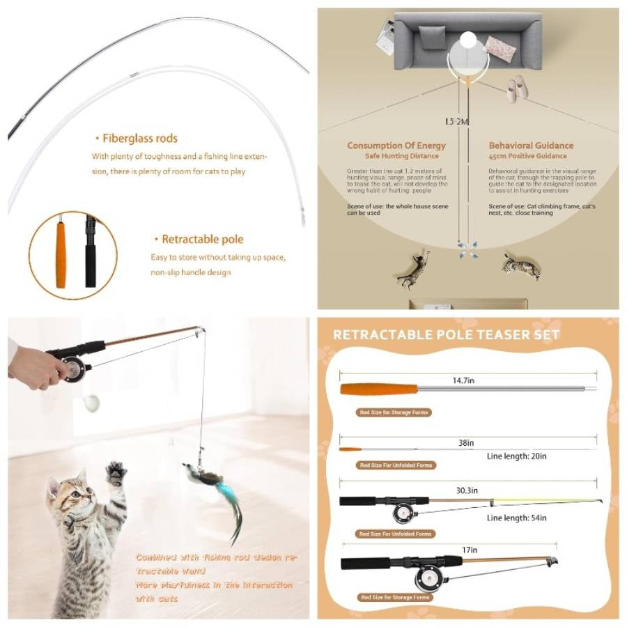 Retractable Teaser Wand, Toys Indoor Outdoor Cats Interactive Fishing Rod with 4 PCS Refills