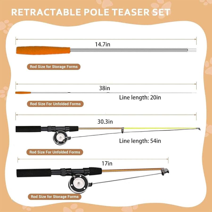 Retractable Teaser Wand, Toys Indoor Outdoor Cats Interactive Fishing Rod with 4 PCS Refills