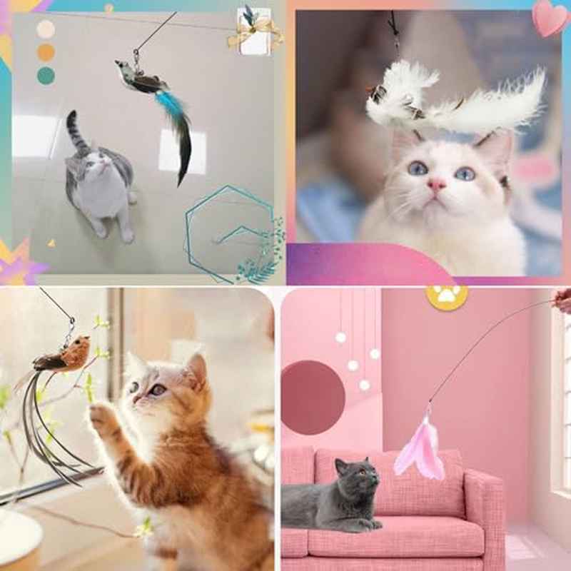 9pcs Interactive Cat Toy with 2 Wands & 6 Replacement Feather Toys (with Bells) - Strong-Suction Base