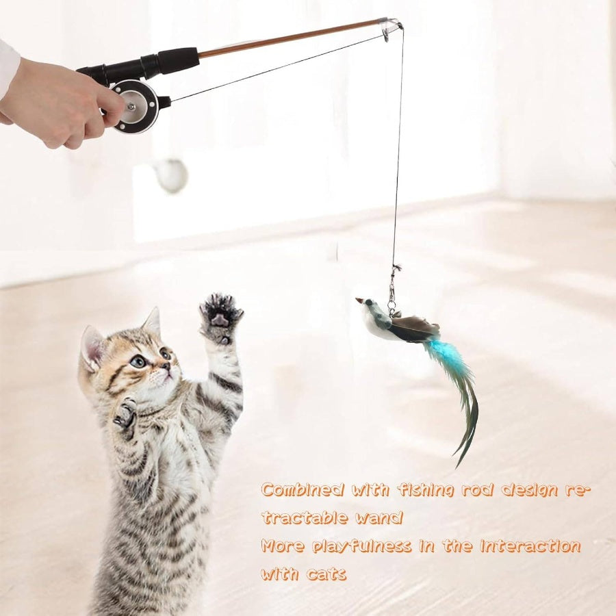 Retractable Teaser Wand, Toys Indoor Outdoor Cats Interactive Fishing Rod with 4 PCS Refills