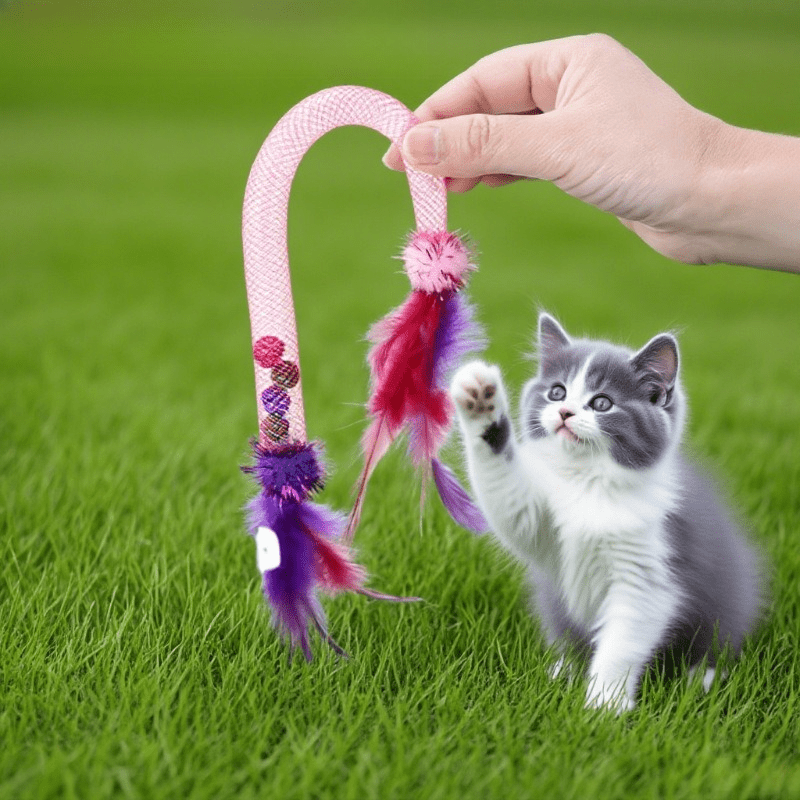 3-Pack Elastic Mesh Cat Teaser Wands - Pet Herb Ball Chew Toys with Feathers Bells
