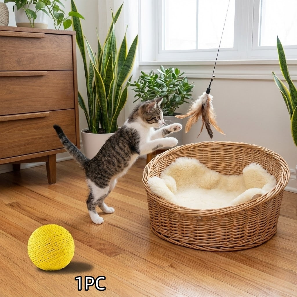 Interactive Cat Toy Ball with Rattle Sound | Natural Sisal Scratching Rolling Teaser for Indoor Cats Kittens