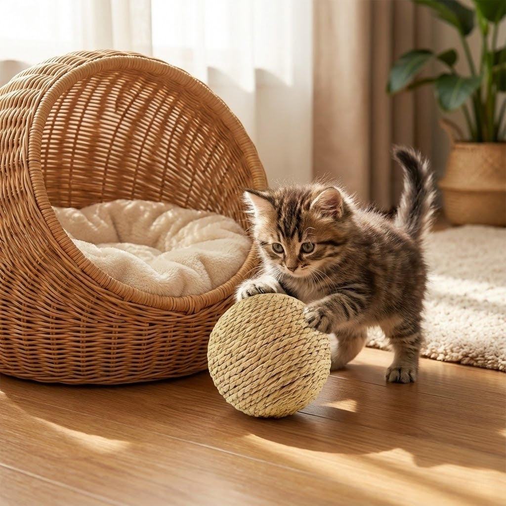 Interactive Cat Toy Ball with Rattle Sound | Natural Sisal Scratching Rolling Teaser for Indoor Cats Kittens