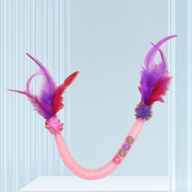 3-Pack Elastic Mesh Cat Teaser Wands - Pet Herb Ball Chew Toys with Feathers Bells