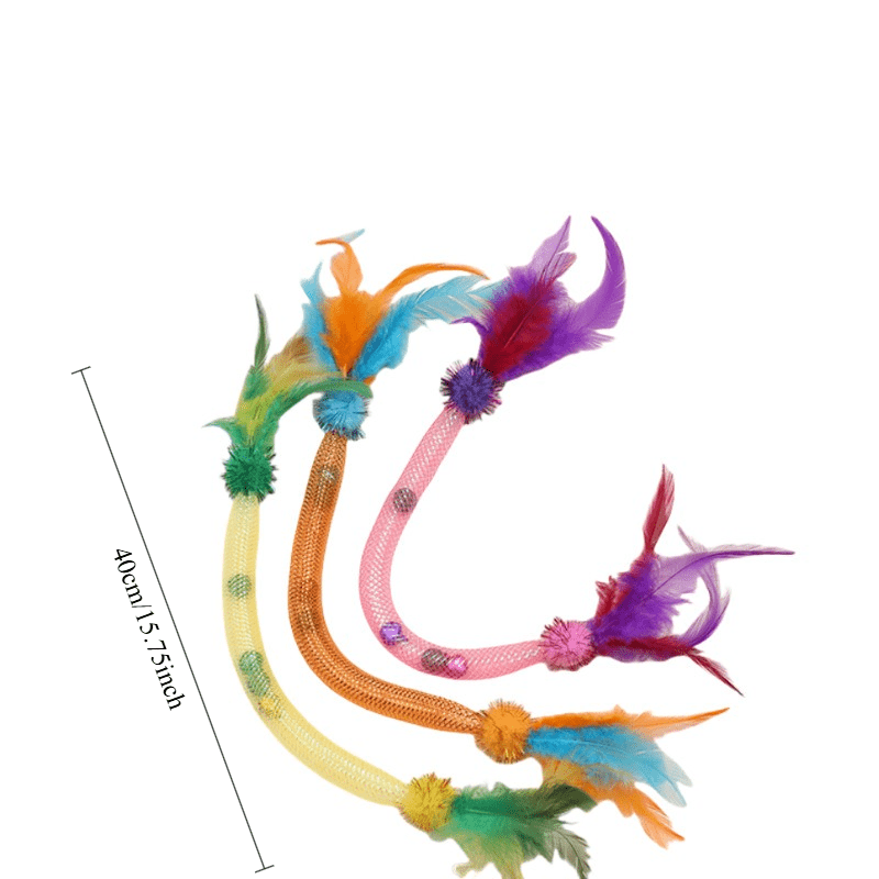 3-Pack Elastic Mesh Cat Teaser Wands - Pet Herb Ball Chew Toys with Feathers Bells
