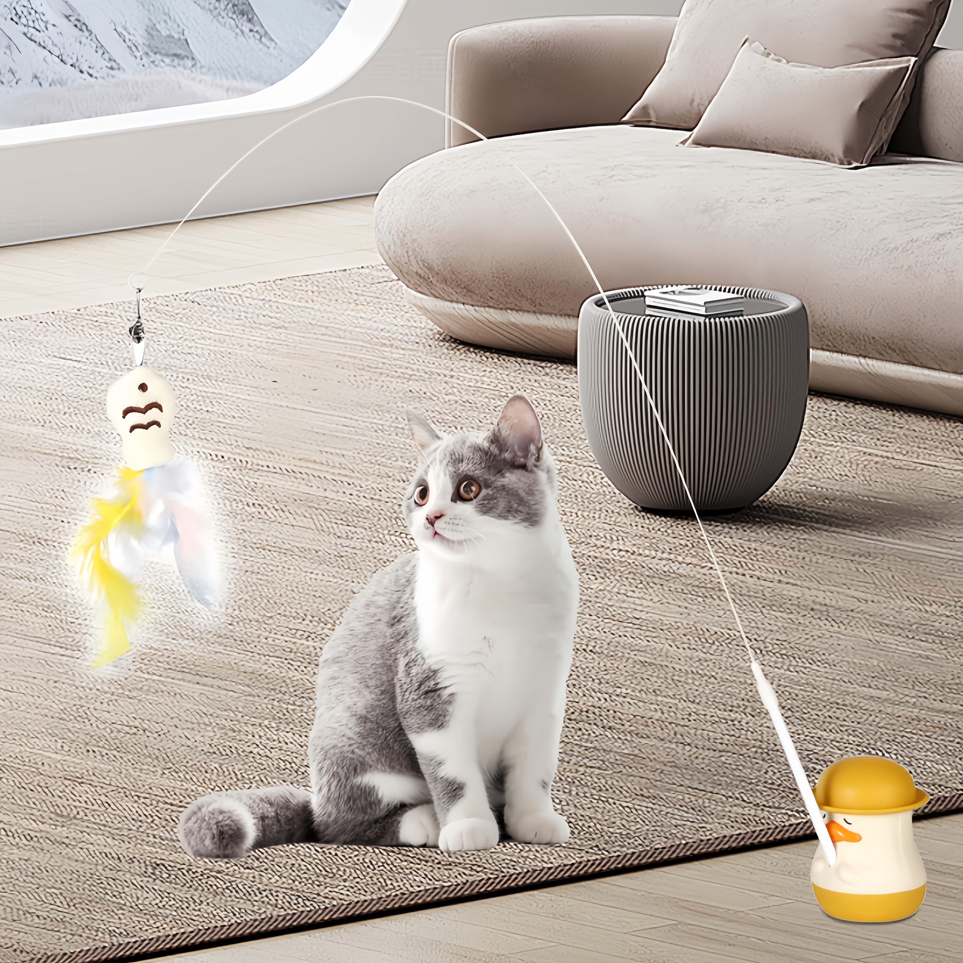 1\u002F2pcs Small Yellow DuckCat Feather Lure Bell Toy, Super Adhesive Rotatable Base