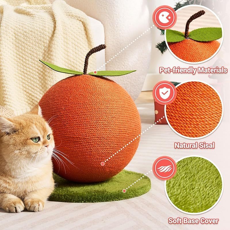 Orange Cat Scratching Post, Cute Cat Scratcher with Sisal Rope, Cat Scratch Post for Indoor Adult Cat and Kitten