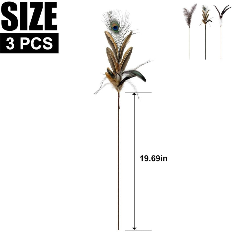 3pcs Natural Teaser Wands with Ostrich, Peacock Chicken Feathers - Long Sticks Suitable for Indoor Kittens
