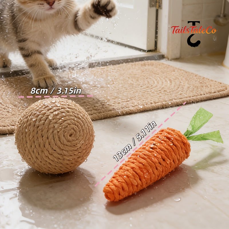 2pcs Set: Squeaking Sisal Ball and Chewable Carrot Cat Teaser Toys