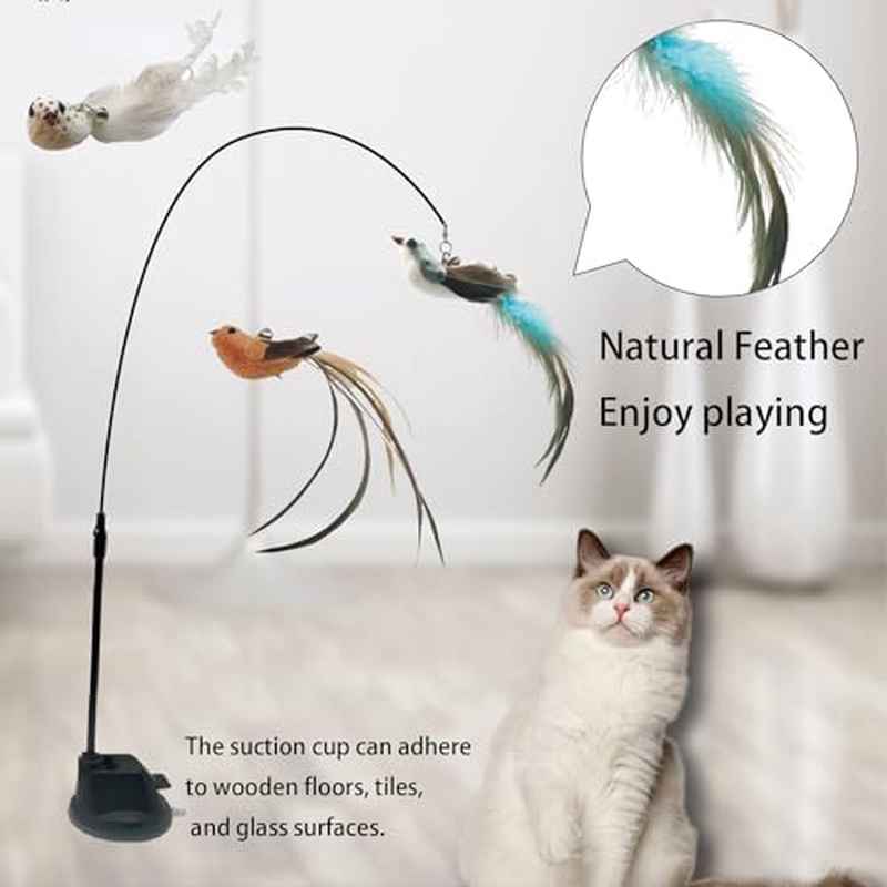 9pcs Interactive Cat Toy with 2 Wands & 6 Replacement Feather Toys (with Bells) - Strong-Suction Base