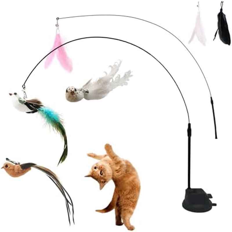 9pcs Interactive Cat Toy with 2 Wands & 6 Replacement Feather Toys (with Bells) - Strong-Suction Base