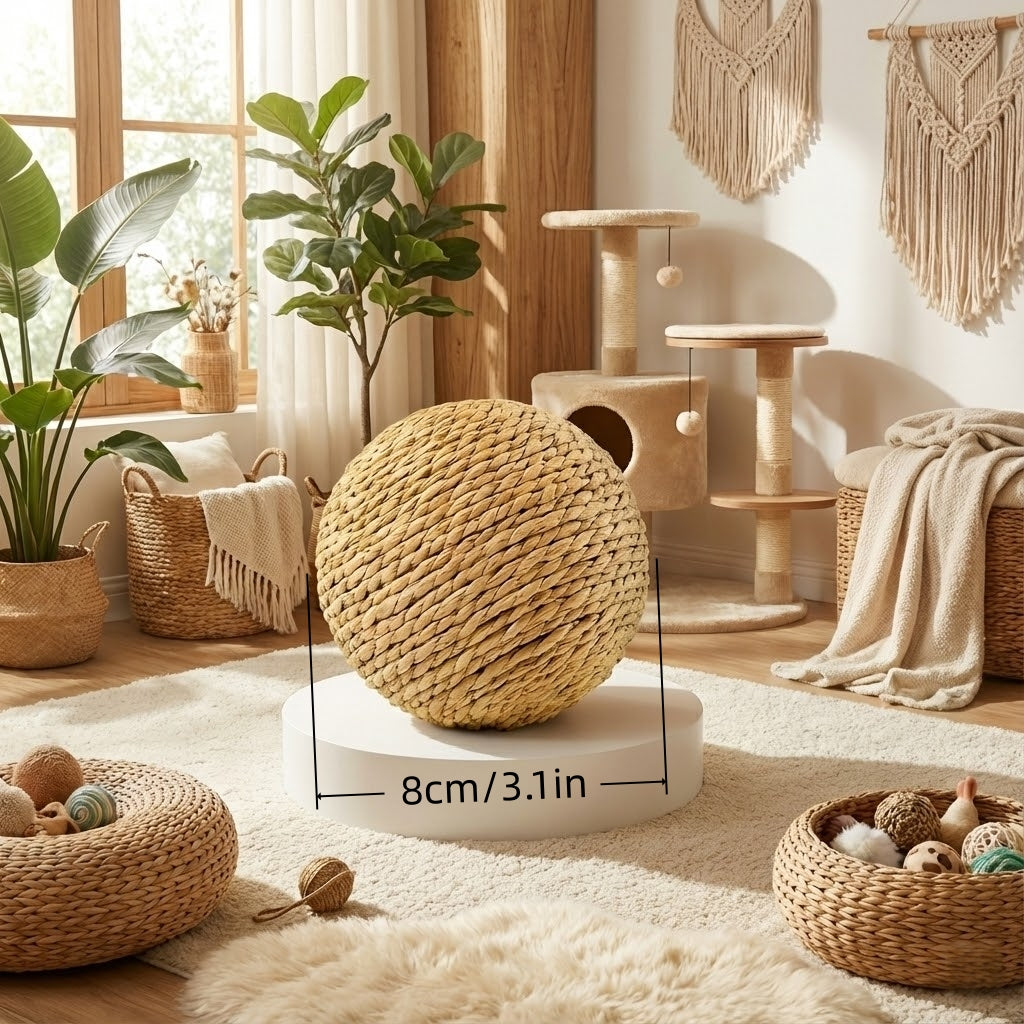 Interactive Cat Toy Ball with Rattle Sound | Natural Sisal Scratching Rolling Teaser for Indoor Cats Kittens