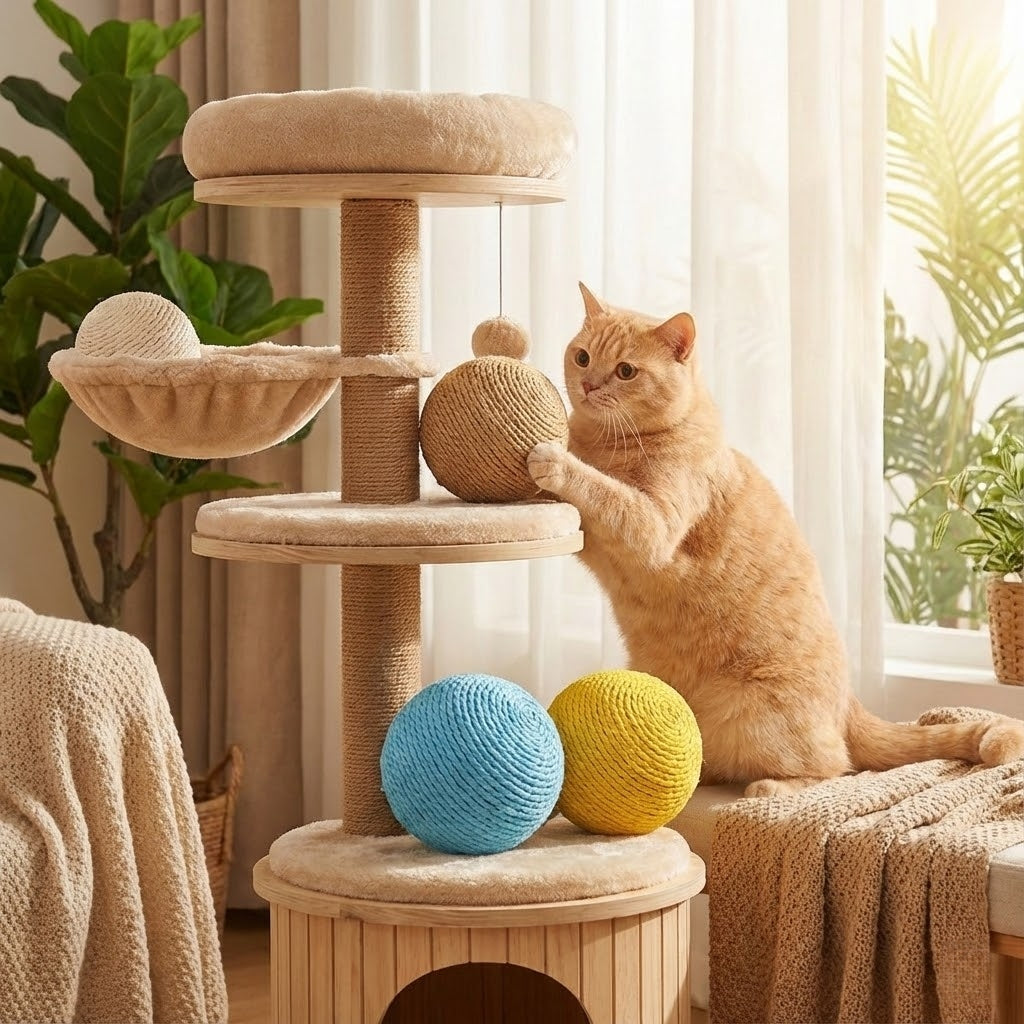 Interactive Cat Toy Ball with Rattle Sound | Natural Sisal Scratching Rolling Teaser for Indoor Cats Kittens