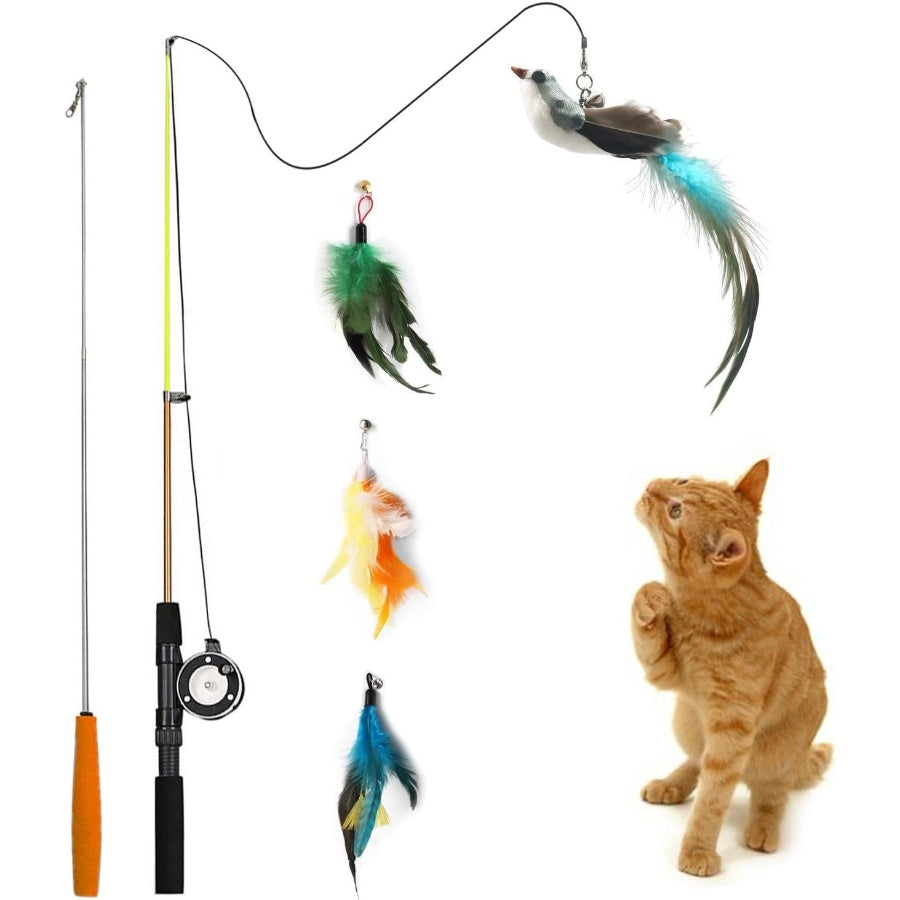 Retractable Teaser Wand, Toys Indoor Outdoor Cats Interactive Fishing Rod with 4 PCS Refills