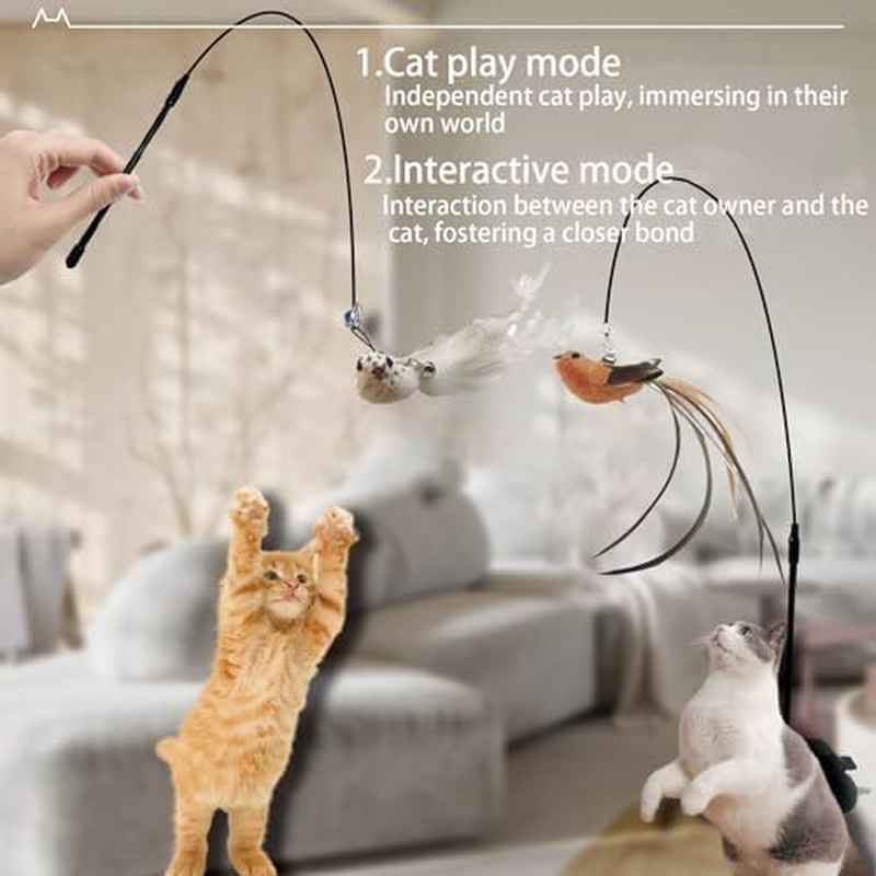 9pcs Interactive Cat Toy with 2 Wands & 6 Replacement Feather Toys (with Bells) - Strong-Suction Base