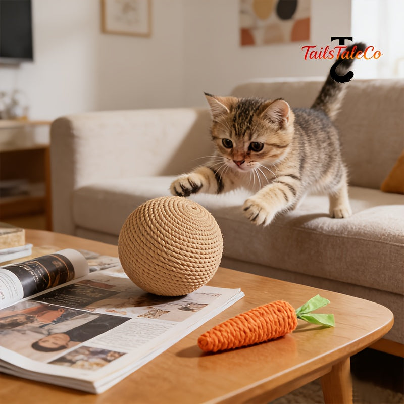2pcs Set: Squeaking Sisal Ball and Chewable Carrot Cat Teaser Toys