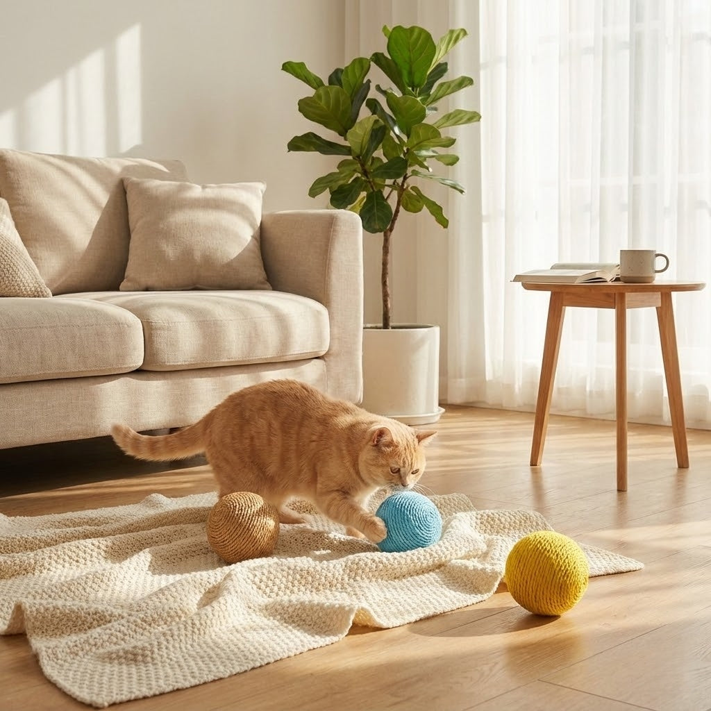 Interactive Cat Toy Ball with Rattle Sound | Natural Sisal Scratching Rolling Teaser for Indoor Cats Kittens