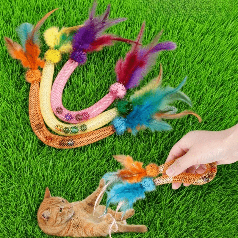3-Pack Elastic Mesh Cat Teaser Wands - Pet Herb Ball Chew Toys with Feathers Bells
