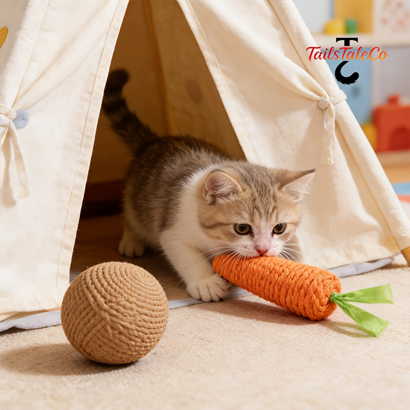 2pcs Set: Squeaking Sisal Ball and Chewable Carrot Cat Teaser Toys